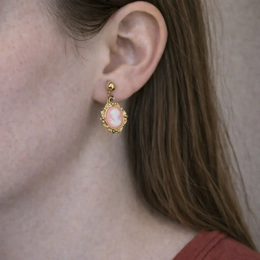 Vintage Gold-Tone Pink Cameo Clip-On Earrings – Classical Portrait Motif